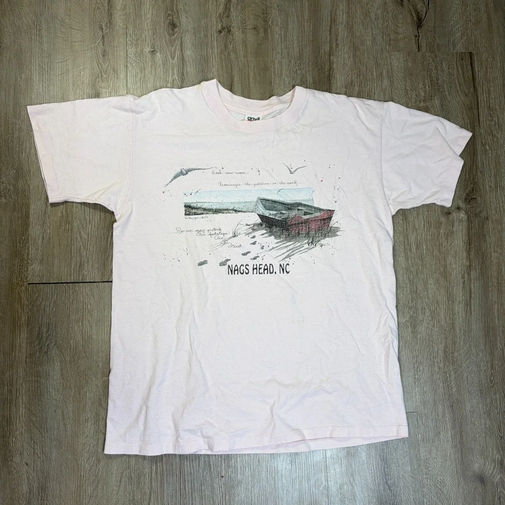 VTG Nags Head NC Single Stitch Large T Shirt Pink Short Sleeve Vintage Anvil